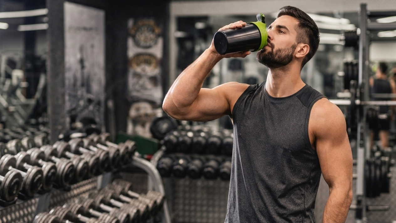 Man drinking from a green and black shaker bottle in a gym setting