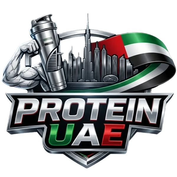 Logo for Protein UAE with a muscular arm, protein shaker, and UAE flag on a dark background